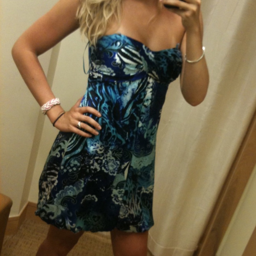 CACHE Sexy Summer Strapless Blue Green Bubble Silk Dress Size 4 NWOT CDW $150